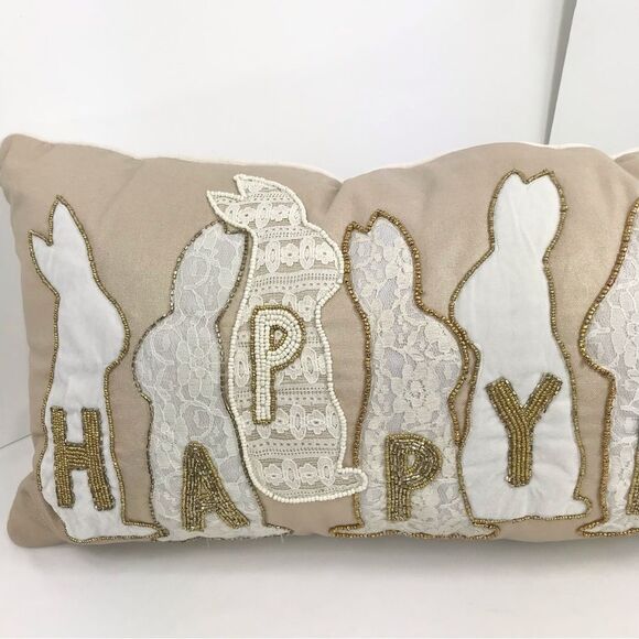 Bella Lux Gold Bead Lace Bunny Appliqué Happy Easter Decorative Accent Pillow - Picture 7 of 11